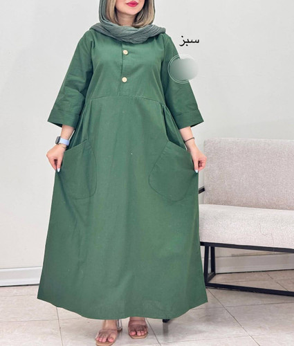 مانتو کفتان بلند زنانه لنین آستین سه ربع دوجیب قواره دار